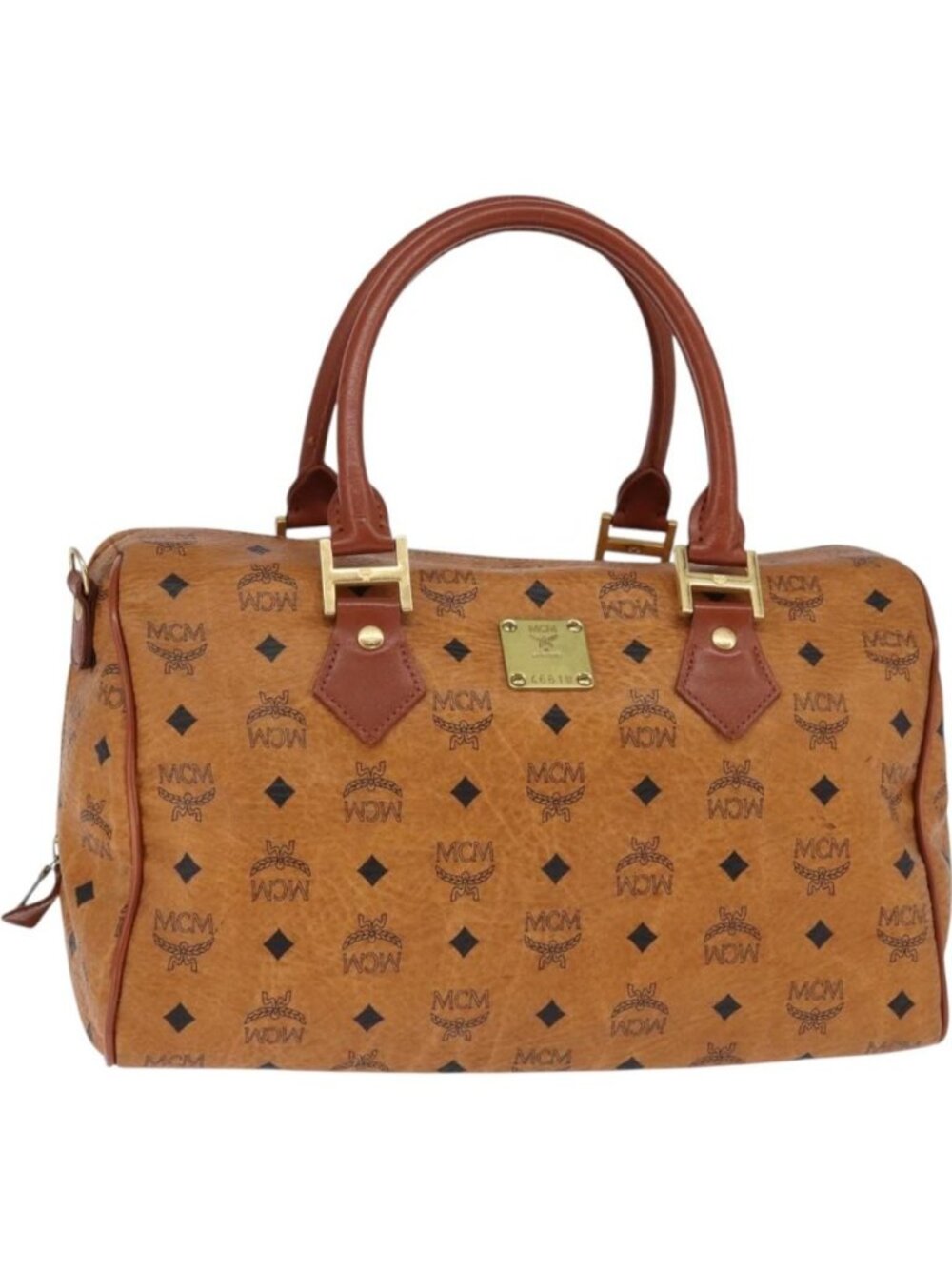 MCM Logogram Vicetos Boston Bag PVC Leather Brown Gold